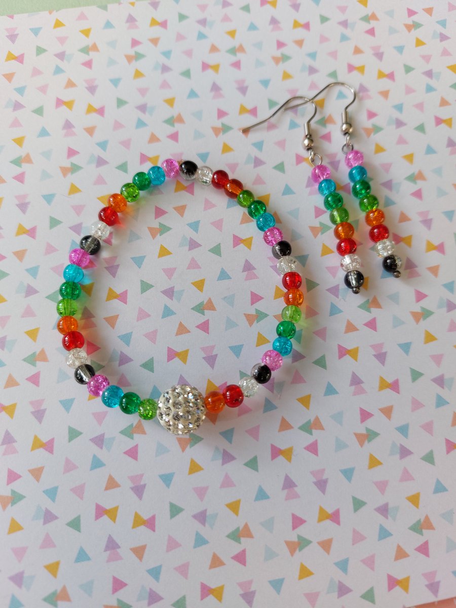 Beaded Rainbow "Discoball" Bracelet & Earrings Set 