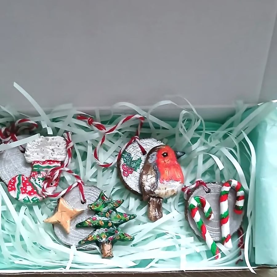 Christmas tree decorations set of 4, small, lightweight, made from airdry clay