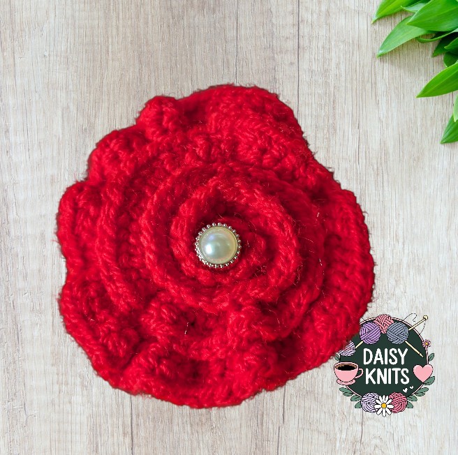 Hand Knitted Red Flower Brooch with Faux Pearl Button