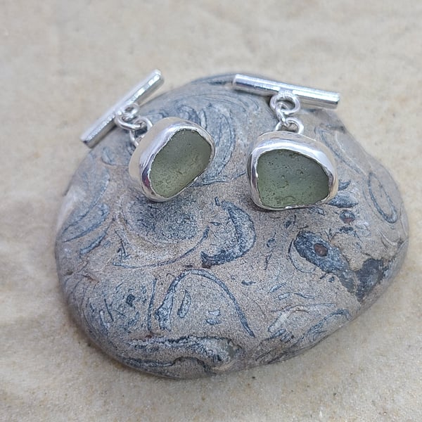 Sea glass - eco - recycled silver cufflinks - unique - pale olive yellow