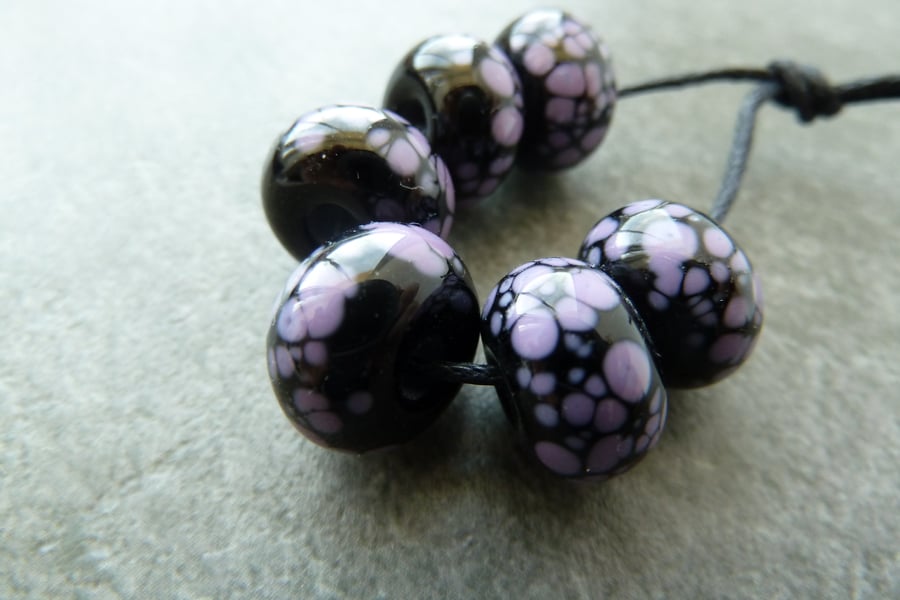 black and purple frit lampwork glass beads