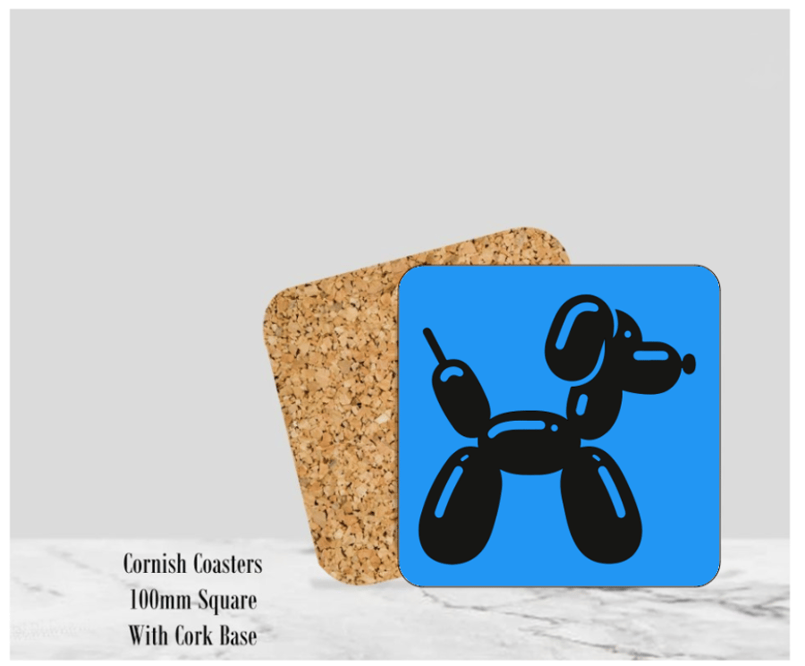 Blue Balloon Dog Coaster 4" Square With Cork Base