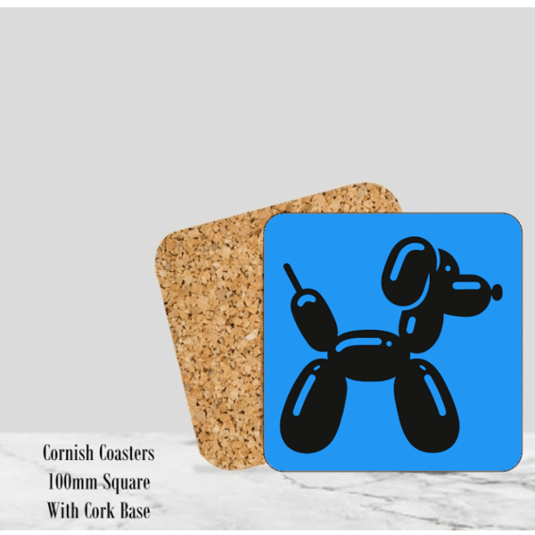Blue Balloon Dog Coaster 4" Square With Cork Base