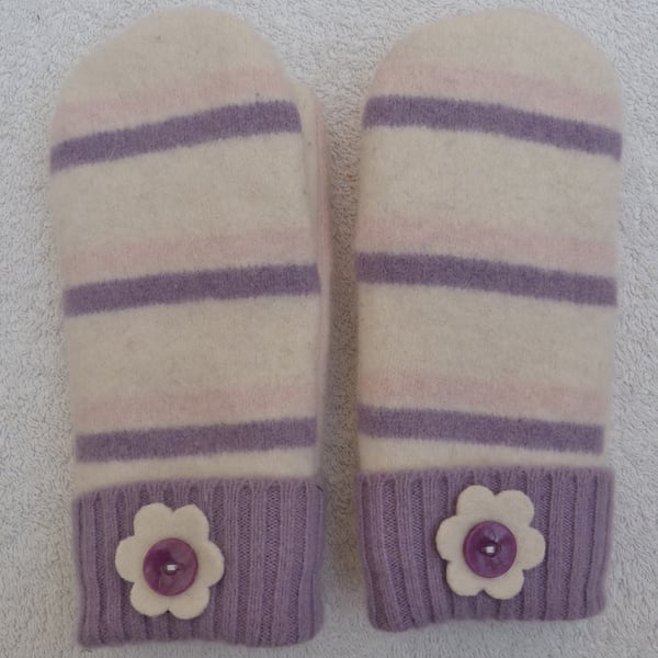  SALE   Wool mittens Created from Up-cycled Sweaters. White & Pink . Small  Size