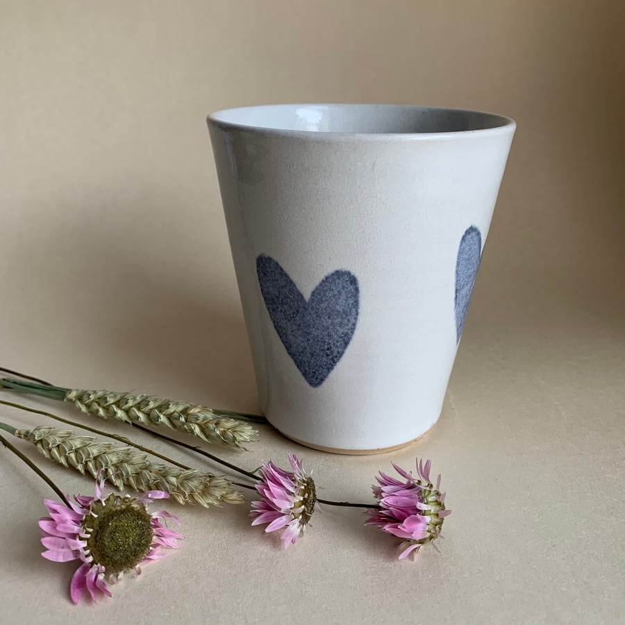 White Beaker with Blue Heart Decoration, Tumbler, Cup