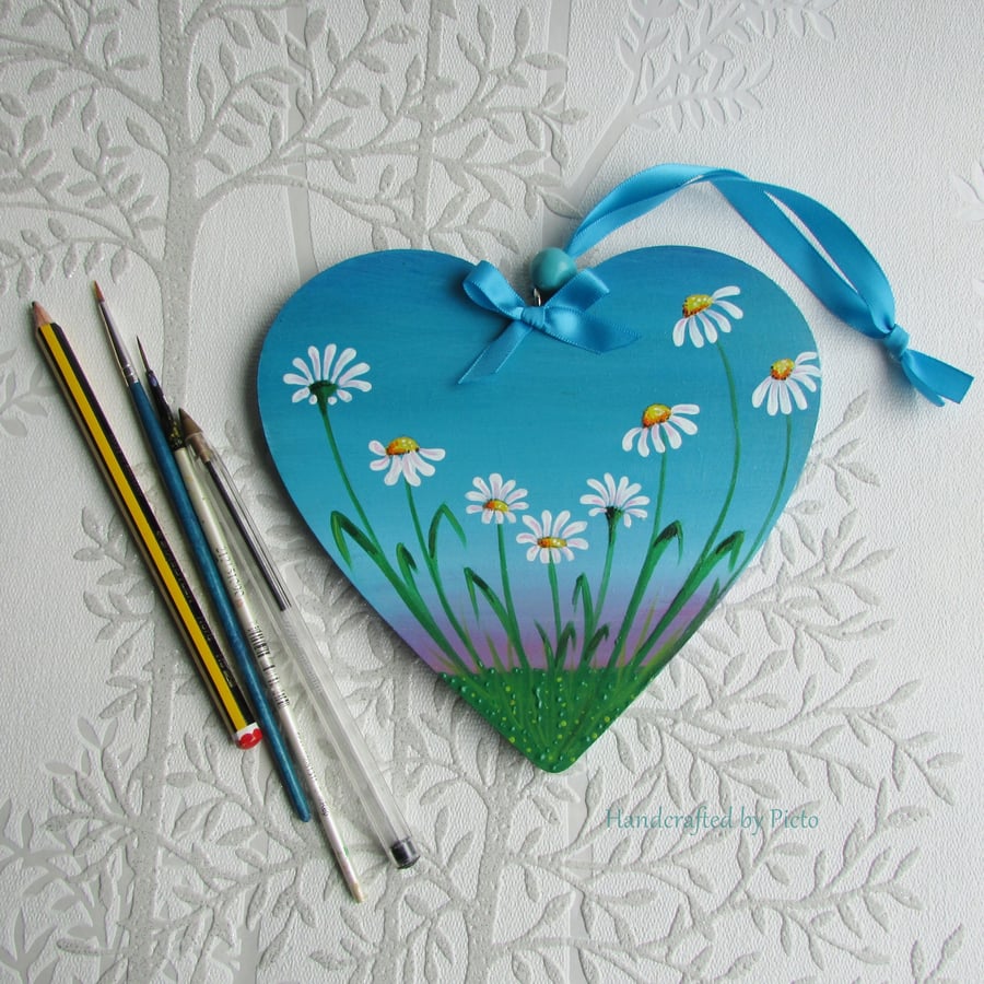 Large Hanging Heart, Handpainted Daisy flowers, Pink & Turquoise 