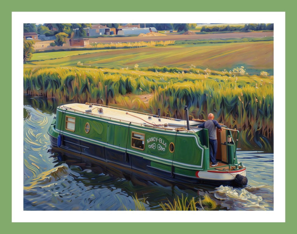 Green Narrow Boat Traveling Down the Fens Norfolk Greeting Card A5