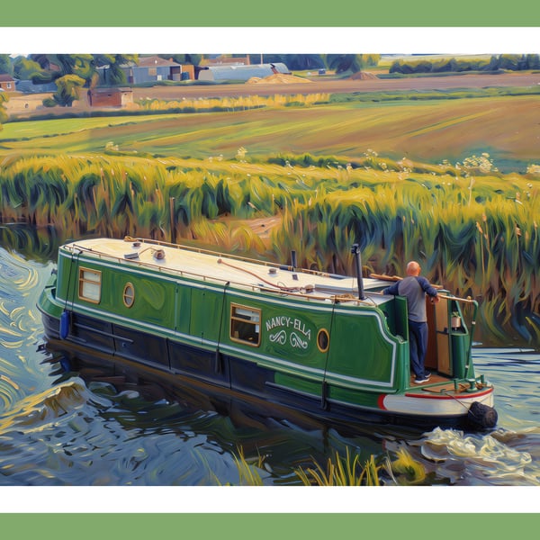 Green Narrow Boat Traveling Down the Fens Norfolk Greeting Card A5