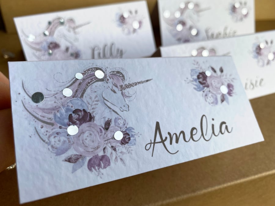 6 x personalised NAME pink purple UNICORN place CARDS flower Wedding table decor
