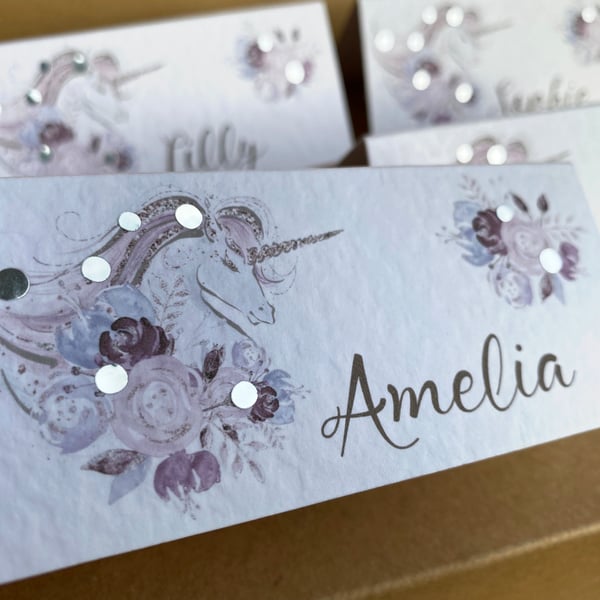 6 x personalised NAME pink purple UNICORN place CARDS flower Wedding table decor