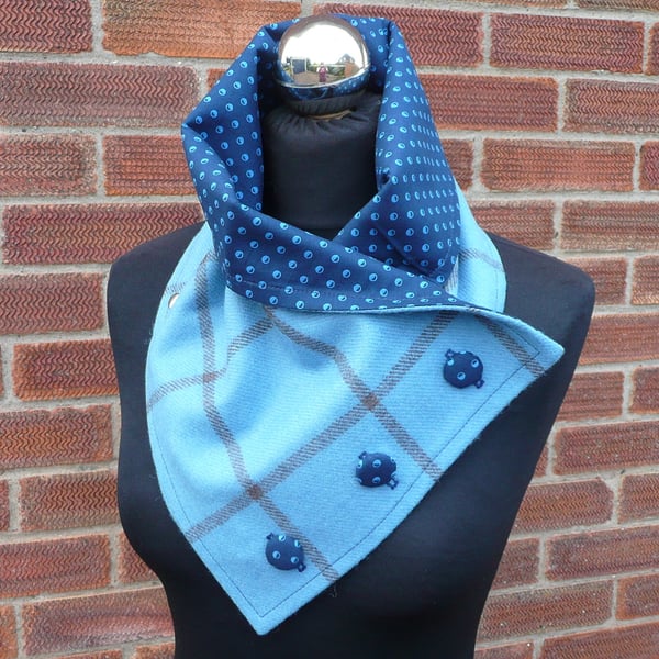 Neck warmer, tweed scarf, button trim tweed & cotton collar