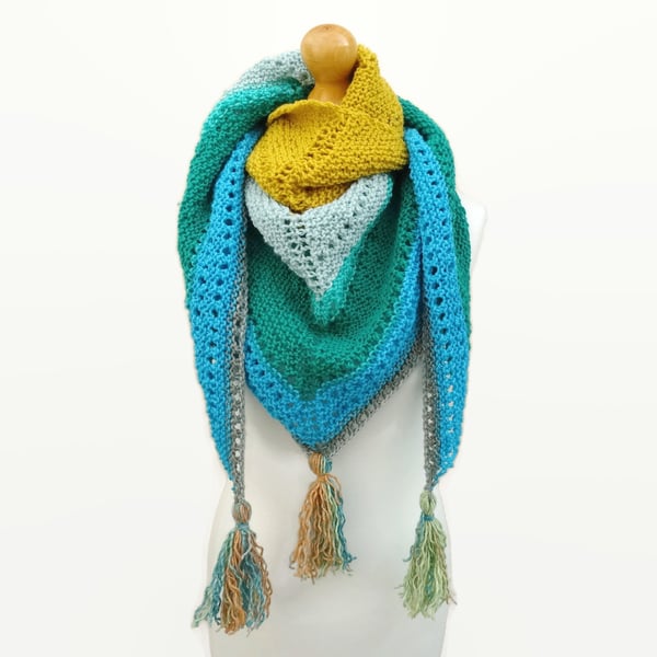 Shaggy Shawl   Mustard Green Turquoise Blue