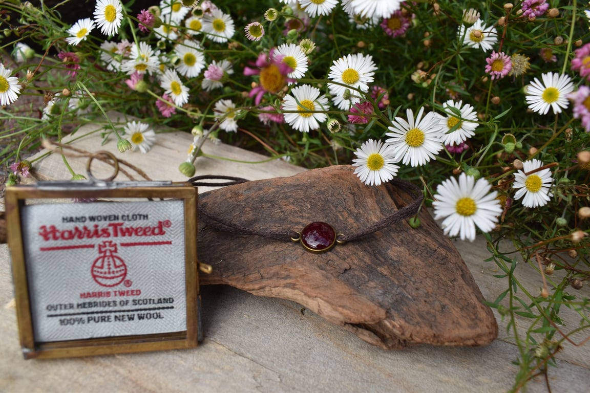 Harris Tweed Resin Bracelet, Red, Adjustable Cotton Cord, Handmade in Scotland
