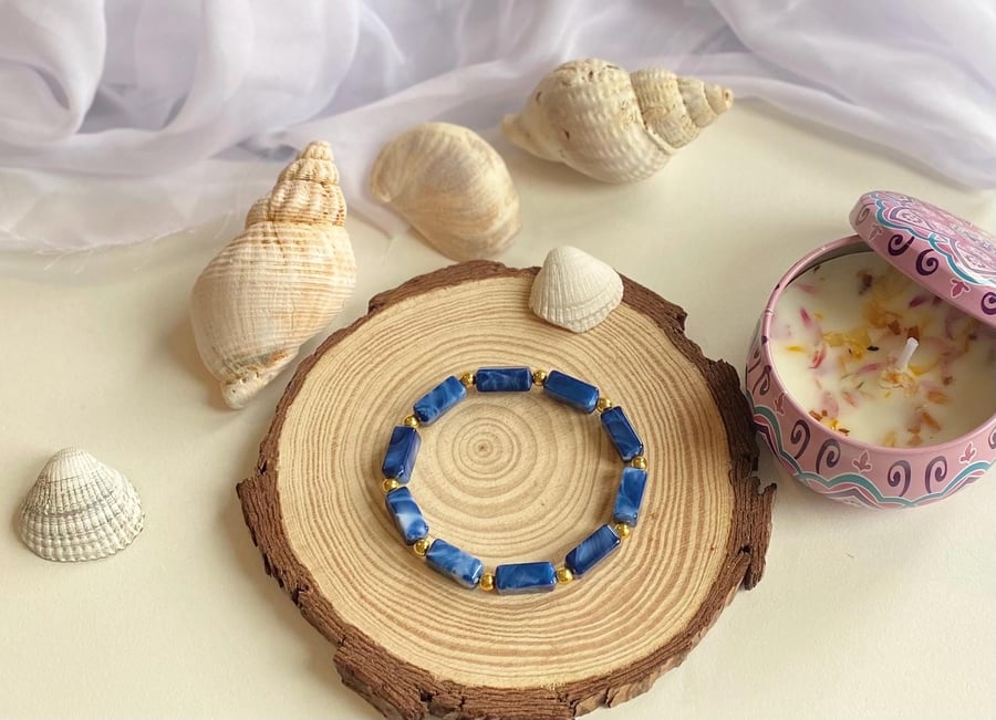 Ocean Blue Acrylic Beaded Bracelet Handmade Stretch Jewelry