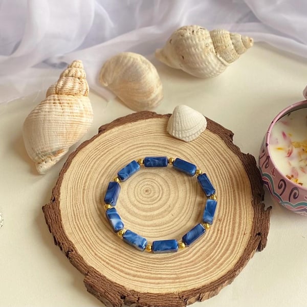 Ocean Blue Acrylic Beaded Bracelet Handmade Stretch Jewelry