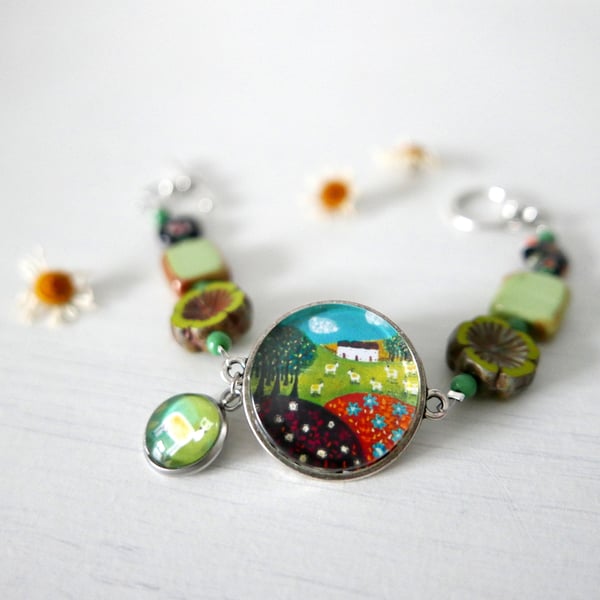 Green Beaded Bracelet with Naive Landscape Art Pendant and Sheep Charm 