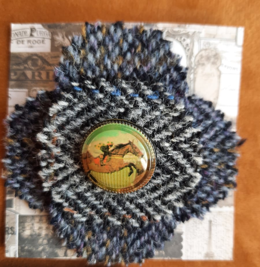 Handmade Tweed brooch with vintage horse button