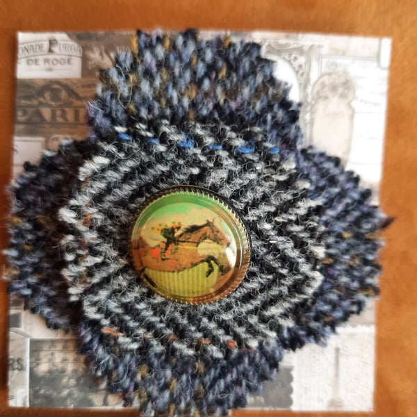 Handmade Tweed brooch with vintage horse button
