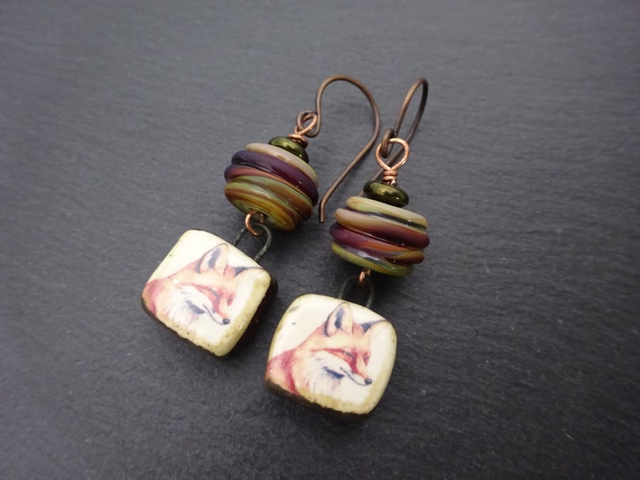 lampwork glass fox earrings