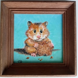 Small framed original acrylic painting. Hamster and Biscuit