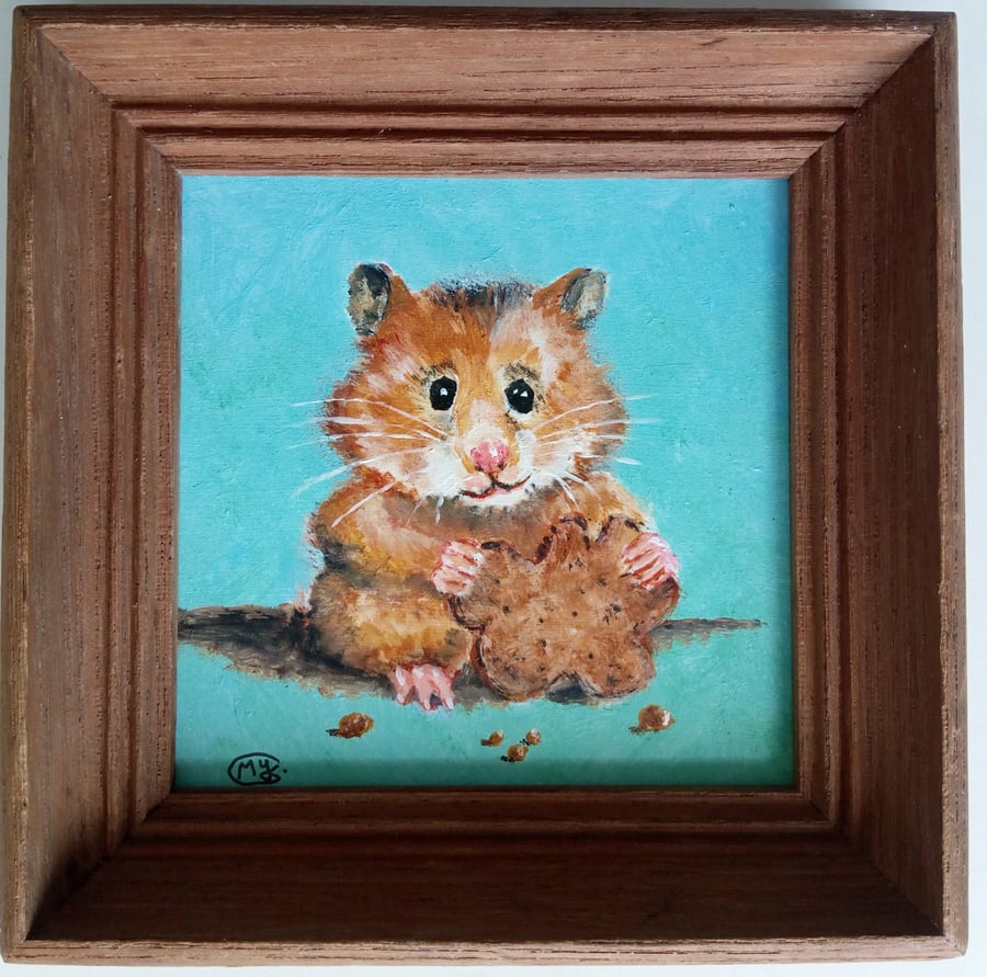 Small framed original acrylic painting. Hamster and Biscuit