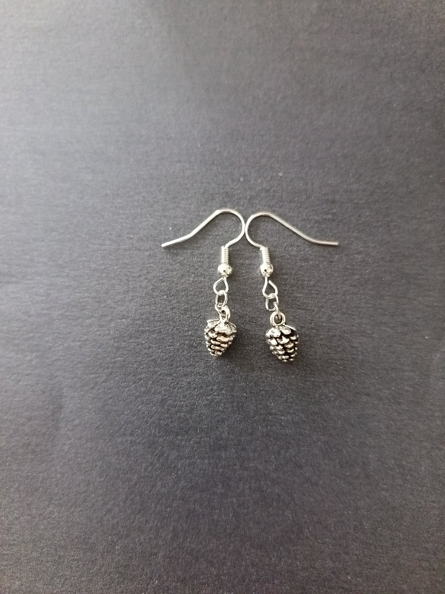Silver pine cone charm dangle earrings 