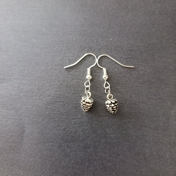 Silver pine cone charm dangle earrings 