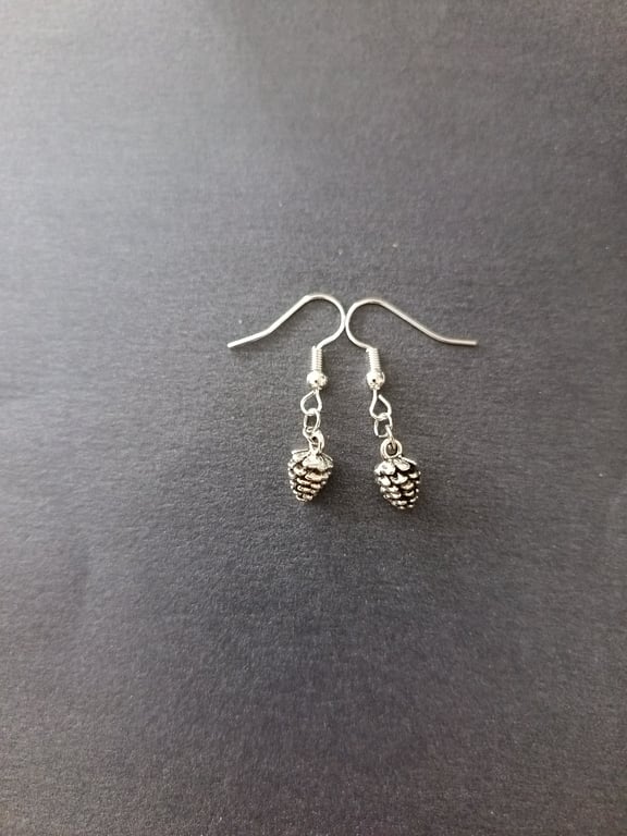 Silver pine cone charm dangle earrings 