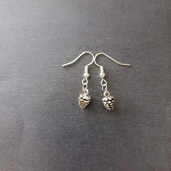 Silver pine cone charm dangle earrings 