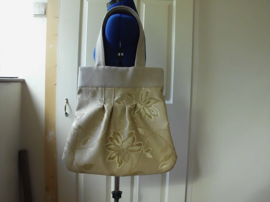 Tote bag  Hand bag with gold flowers with light fawn faux suede handles 