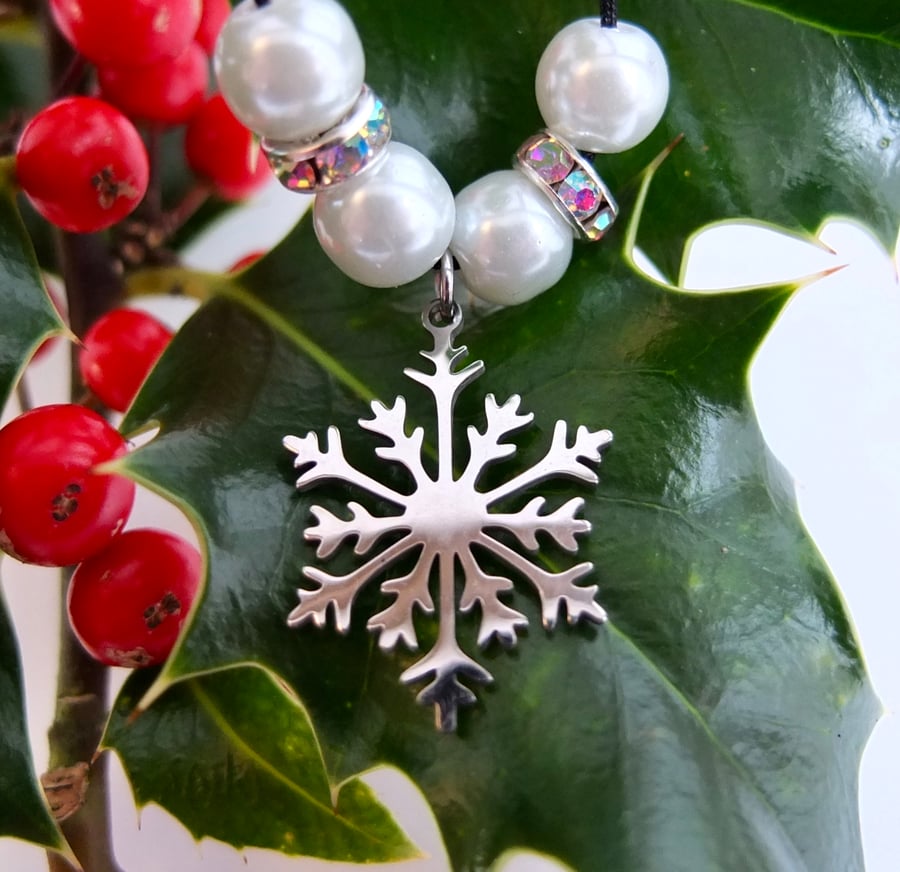 Stainless Steel Snowflake Charm, Glass Pearl and Rhinestone Christmas Pendant.