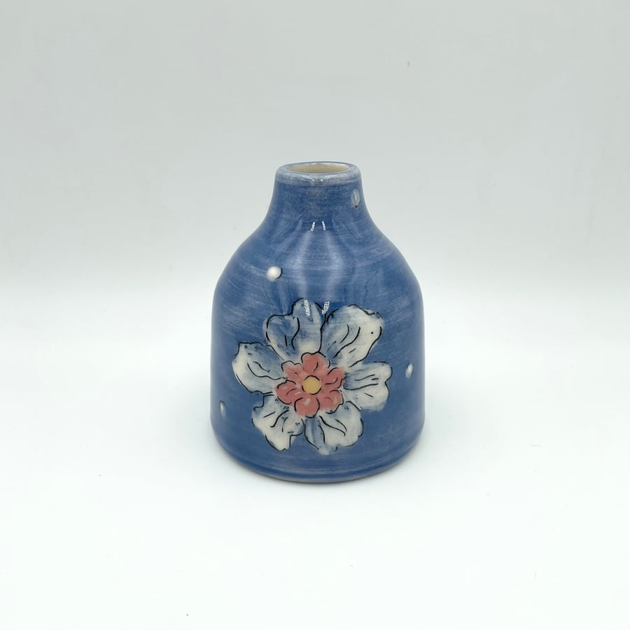 Unique Blue Bottle Bud Vase Flowers Mothers Day Birthday - Handmade Pottery Gift