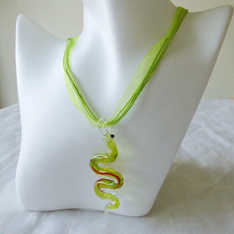 Green Ribbon & Cord Adjustable Necklace with Lampwork Glass Snake