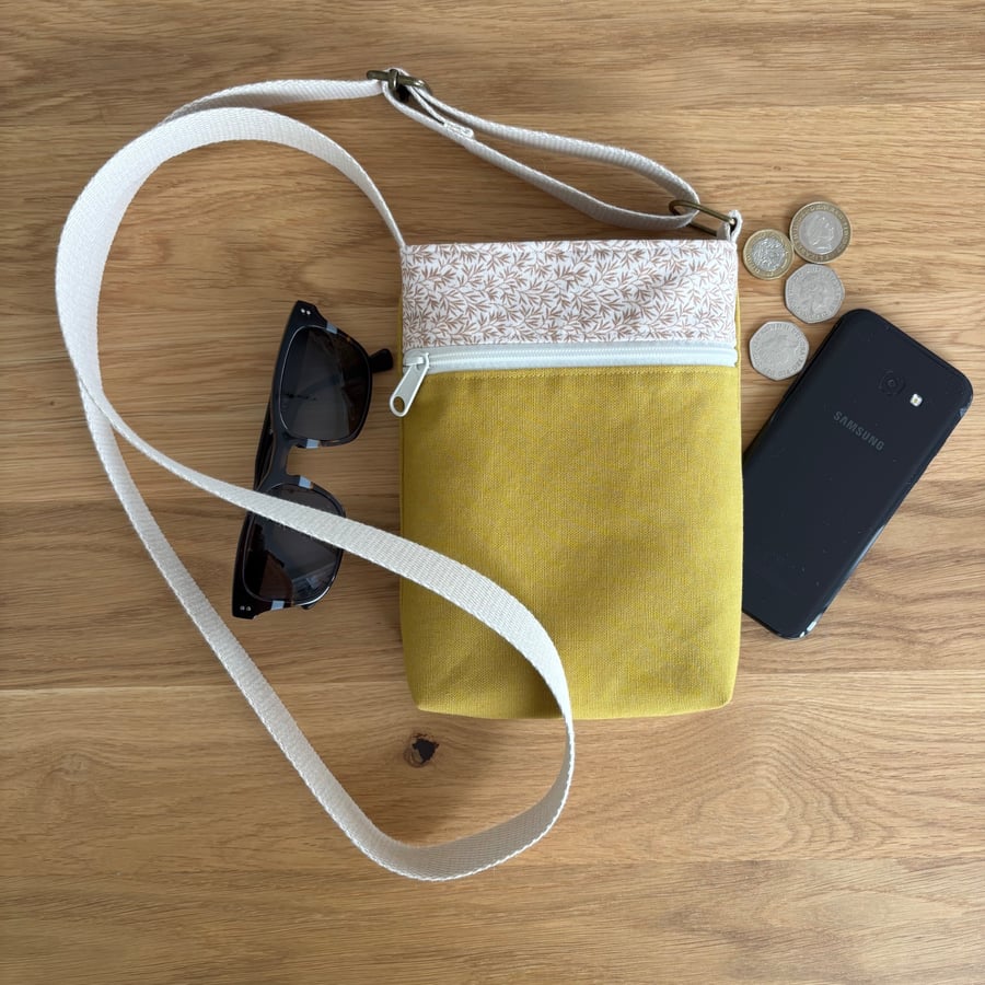 Fabric crossbody bag, phone bag, mustard cotton canvas, with an adjustable strap