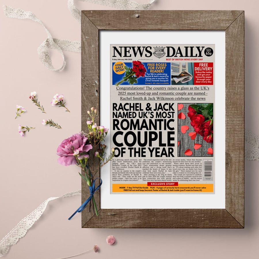 Personalised Couple of the Year Newspaper Print, romantic valentine gift