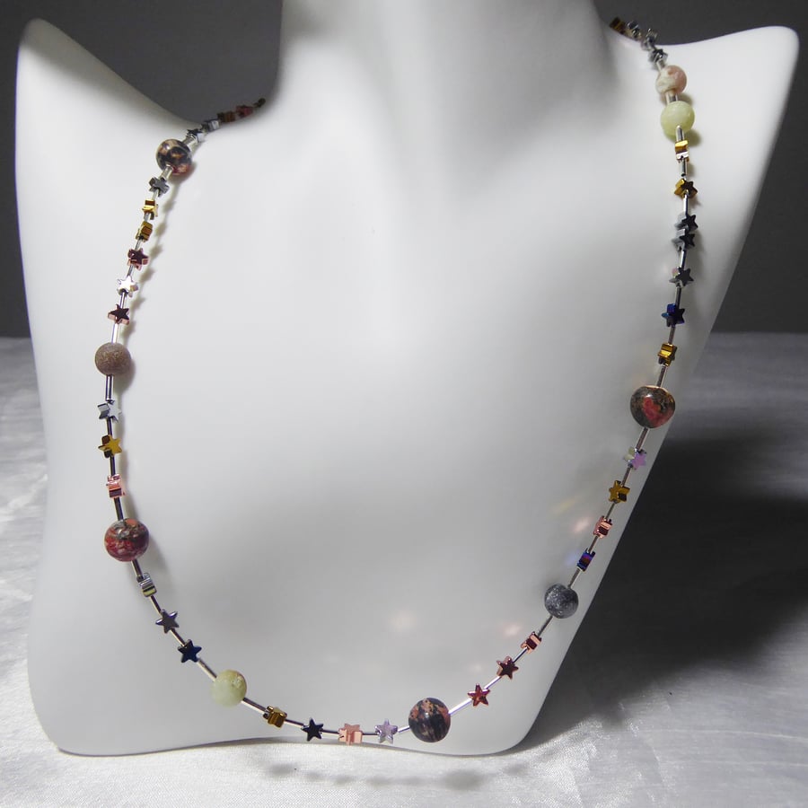 Sterling Silver and Gemstone Stars and Planets Necklace