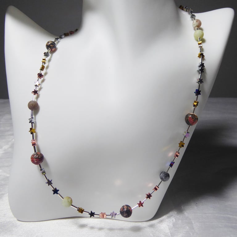 Sterling Silver and Gemstone Stars and Planets Necklace
