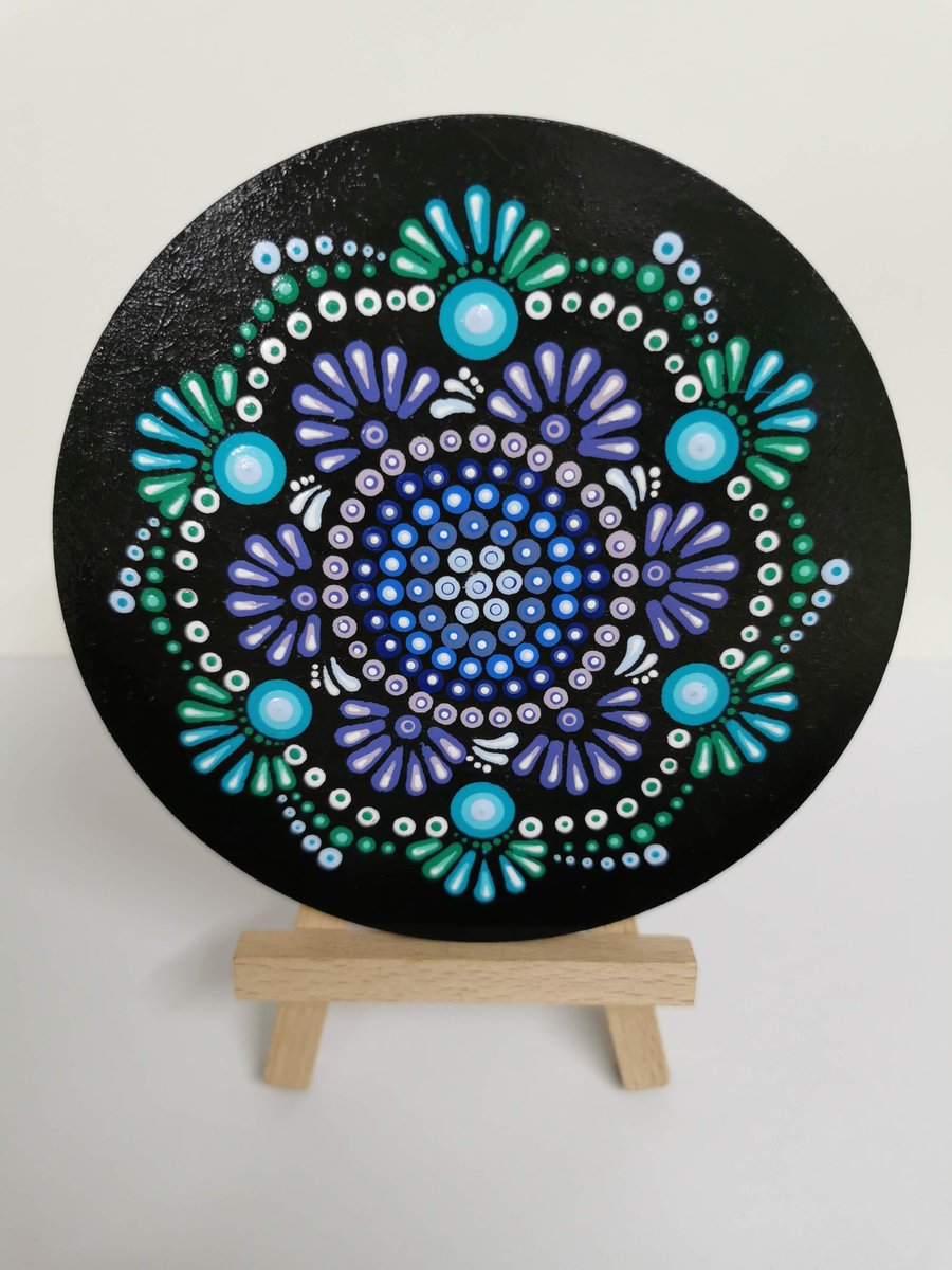Hand painted blue and green mandala coaster