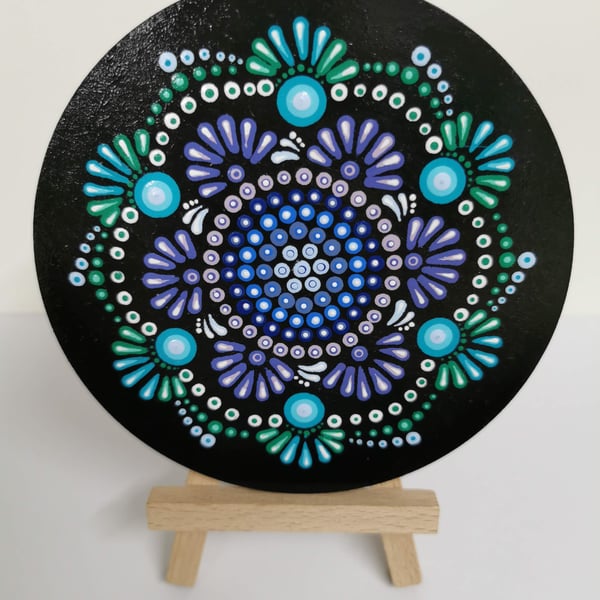 Hand painted blue and green mandala coaster