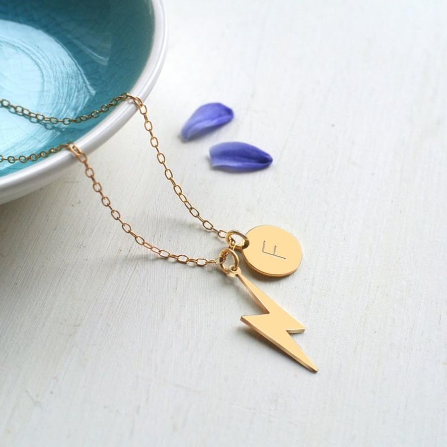 Personalised Gold Lightning Bolt and Initial Disc Necklace, Valentine's Day gift