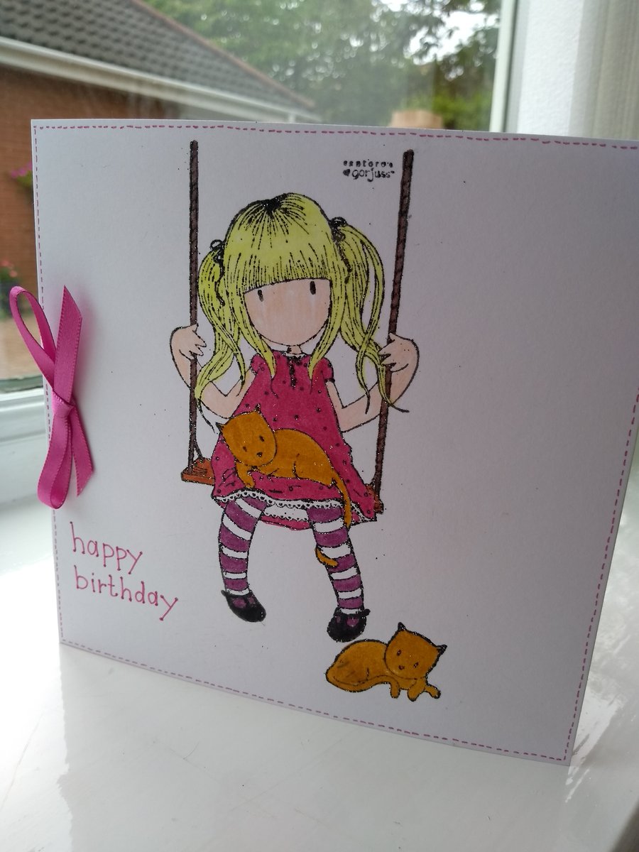 Personalised Gorjuss girl on swing birthday card