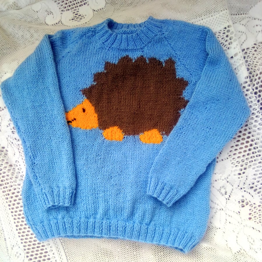 Knitted Jumper with Hedgehog Motif for Babies and Children up to 6, Baby Gift 