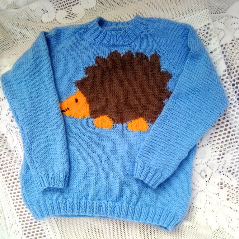 Knitted Jumper with Hedgehog Motif for Babies and Children up to 6, Baby Gift 