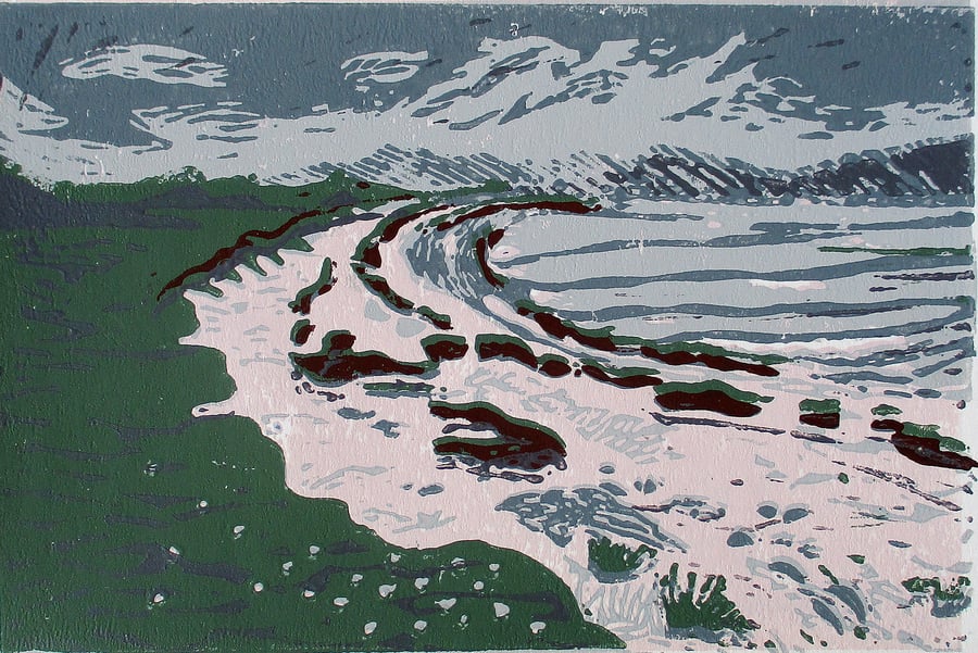 Claigan Coral Beach, Skye - Original Hand Pressed Linocut Print Ltd Edition