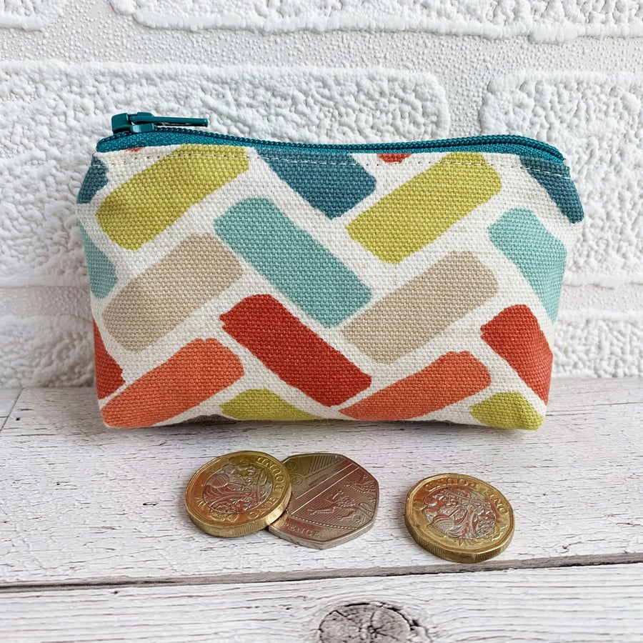 Small Purse, Coin Purse with Turquoise, Orange and Lime Herringbone Pattern