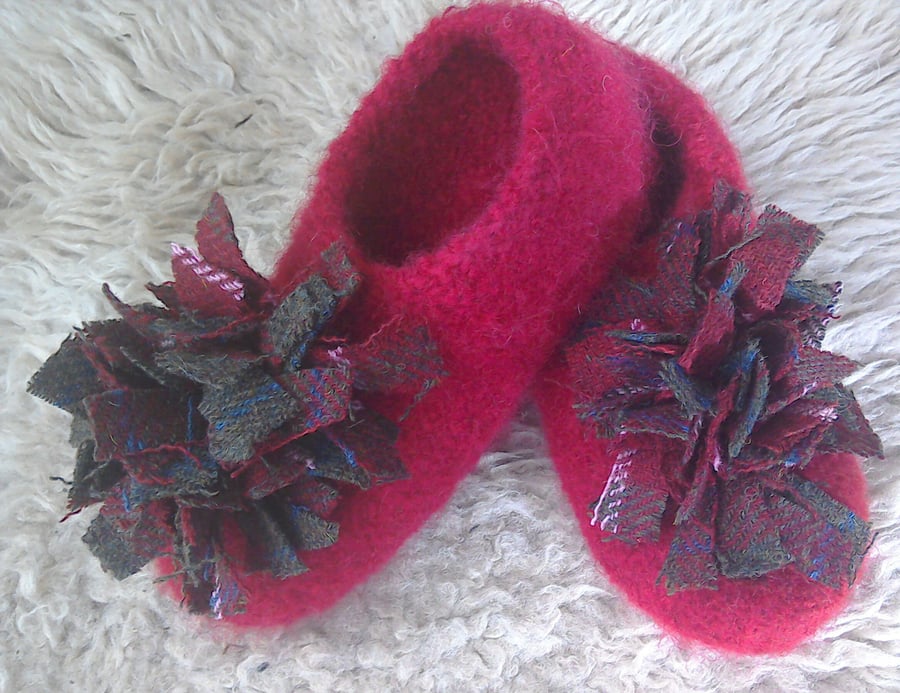 Felted wool red slippers with Harris Tweed trim