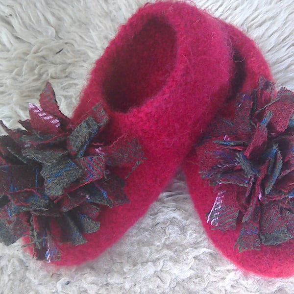 Felted wool red slippers with Harris Tweed trim