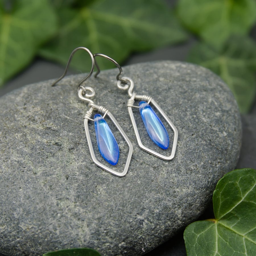 Hammered Sterling Silver Earrings with Pale Blue AB Glass Dagger Beads