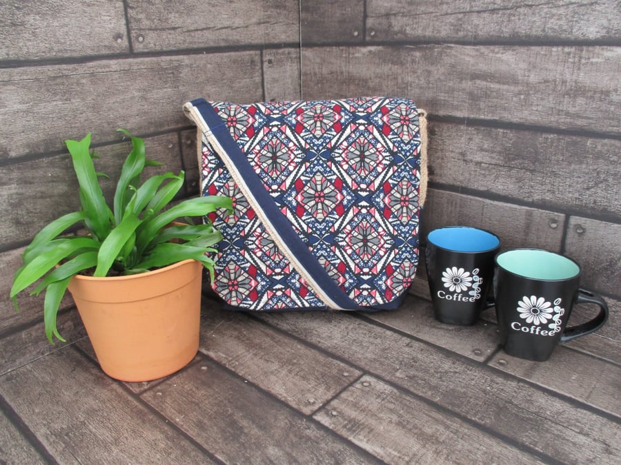 Upcycled Coffee Sack -  Crossbody Shoulder Bag - Blue pattern
