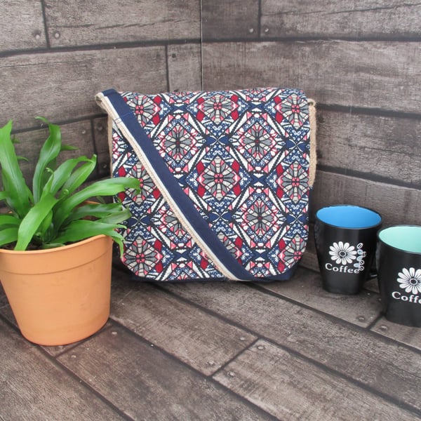 Upcycled Coffee Sack -  Crossbody Shoulder Bag - Blue pattern